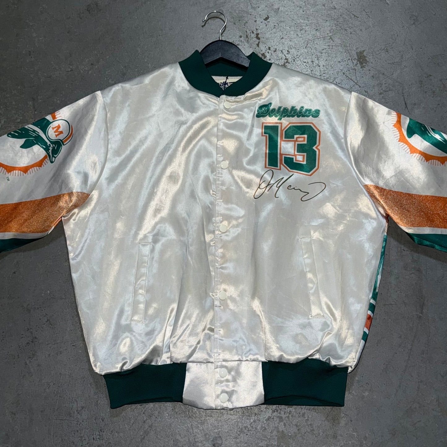 Vintage 1990s Dan Marino Miami Dolphins Double Sided Chalk Line FANIMATION Jacket. Size Large