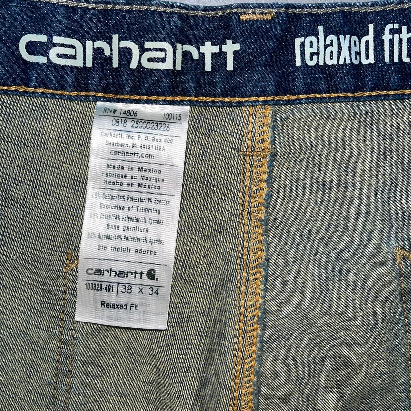 Carhartt Relaxed Fit Double Knee Jeans. Size 38x34