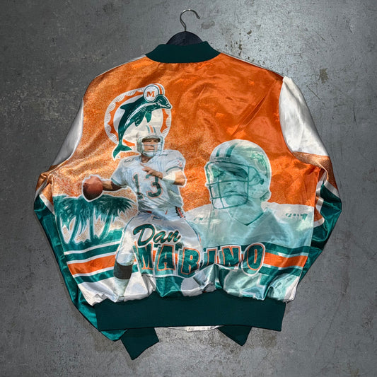 Vintage 1990s Dan Marino Miami Dolphins Double Sided Chalk Line FANIMATION Jacket. Size Large