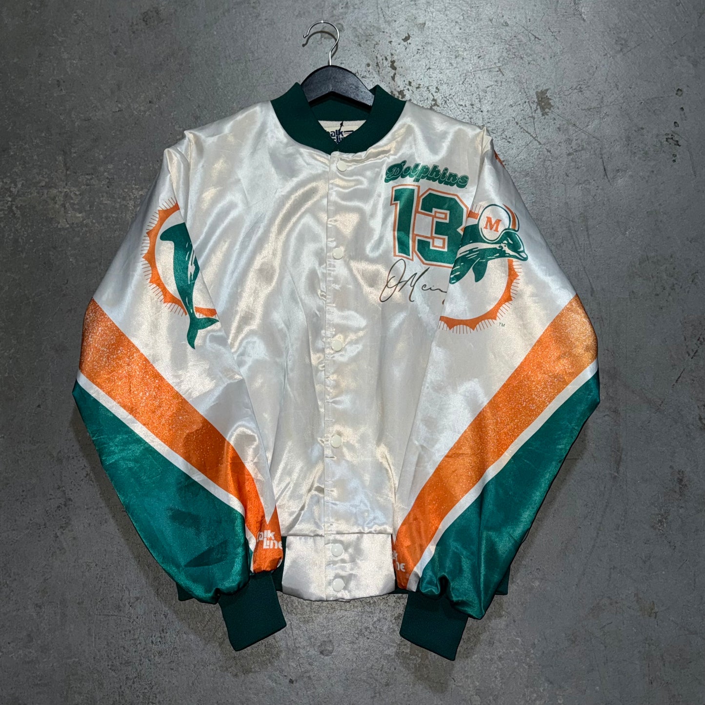 Vintage 1990s Dan Marino Miami Dolphins Double Sided Chalk Line FANIMATION Jacket. Size Large