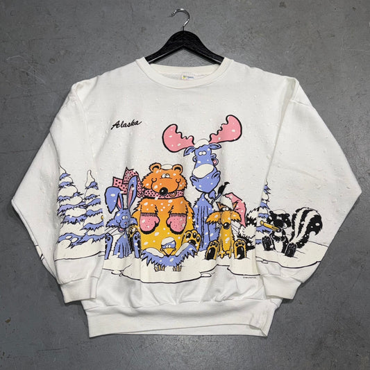 Vintage 90’s Alaska AOP Puff Print Crewneck. Size L